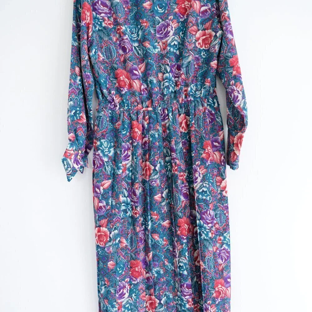 Vintage Schrader Teal Purple Floral Button Front Pleated Maxi Retro 80s Dress 18 - Picture 11 of 14